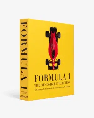 Yellow Formula 1 book with red racecar illustration.