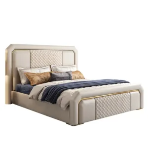 Italia Beige Leather Brass King Bed Suite - Avant Garde Furniture - Designer Furniture Store & Luxury Home Decor