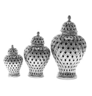 Amara Silver Peacock Temple Jar Vase Set of 3 - Avant Garde Furniture - Designer Furniture Store & Luxury Home Decor