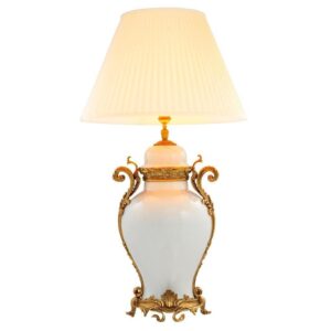 Armando Cream Ceramic Brass Temple Jar Lamp with White Pleated Shade - Avant Garde Furniture - Designer Furniture Store & Luxury Home Decor