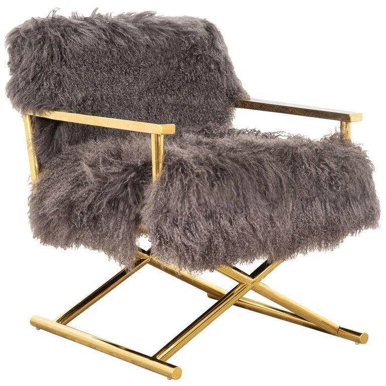 Directors Grey Mongolian Fur Gold Armchair - Avant Garde Furniture - Designer Furniture Store & Luxury Home Decor