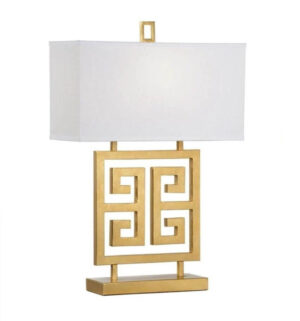 Eros Gold Greek Key Lamp with White Linen Shade - Avant Garde Furniture - Designer Furniture Store & Luxury Home Decor