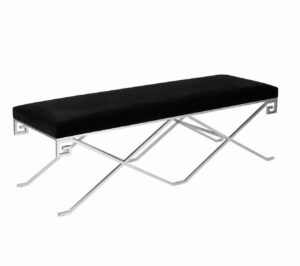 Okino Black Velvet Chrome Greek Key Bench - Avant Garde Furniture - Designer Furniture Store & Luxury Home Decor