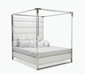 Palladium Italian White Leather Chrome Lucite Canopy Super King Bed - Avant Garde Furniture - Designer Furniture Store & Luxury Home Decor