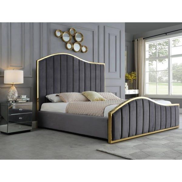 Regency Grey Velvet Gold Bed - Avant Garde Furniture - Designer Furniture Store & Luxury Home Decor