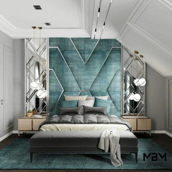 Skyscraper Dark Blue Velvet Chrome Mirror King Headboard - Avant Garde ...