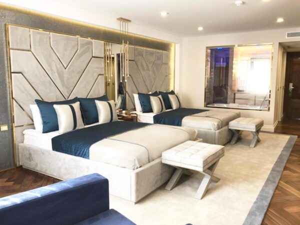 Skyscraper Dark Blue Velvet Chrome Mirror King Headboard - Avant Garde ...
