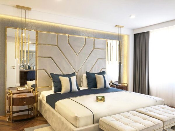 Skyscraper Dark Blue Velvet Chrome Mirror King Headboard - Avant Garde ...