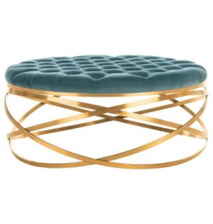 Regency Tufted Light Blue Velvet Ottoman Table Gold - Avant Garde Furniture - Designer Furniture Store & Luxury Home Decor