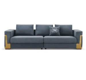Muse Steel Blue Velvet Gold Sofa 285cm