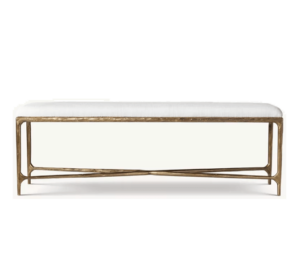 Elegant bench with gold frame and white cushion.