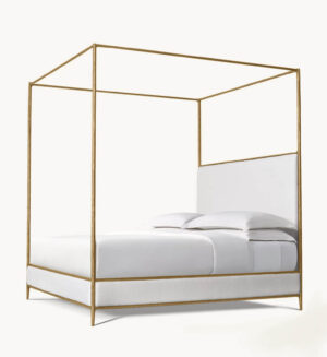 Harlow White Linen Brass Super King Canopy Bed