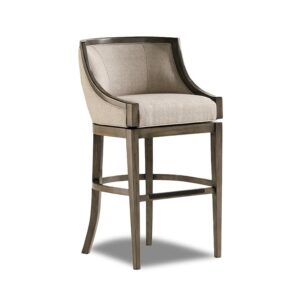 Wooden bar stool with cushioned seat and backrest.