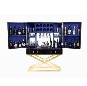Luxury bar cabinet with drinks and glassware.