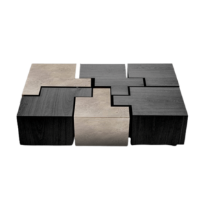 Modern geometric coffee table with mixed textures.