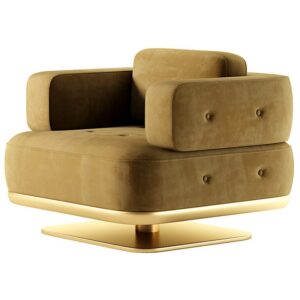 Modern brown armchair with gold base.