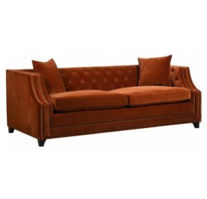 Alcove Dark Orange Velvet Brass Sofa 245cm