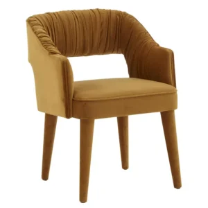 Elegant brown upholstered chair with wooden legs.