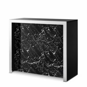 Modern bar table with black marble design.