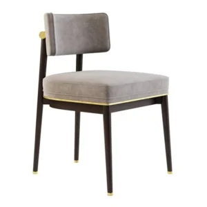 Modern chair with grey cushion and wooden legs.