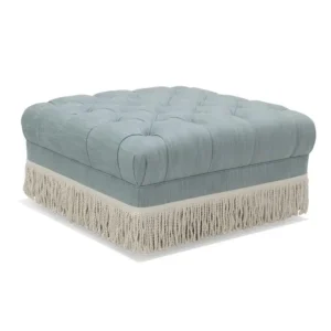 Fairlight Light Blue Linen Tufted Fringe Ottoman