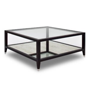 Modern glass coffee table with dark wooden frame.
