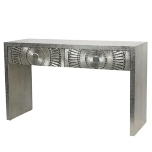 Modern metallic console table with decorative design.