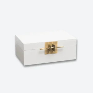 Elegant white jewellery box with gold accent lock.