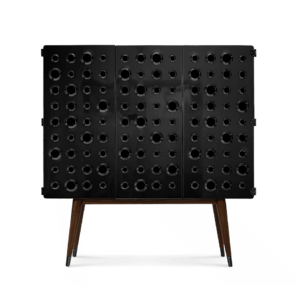 Modern black cabinet with circular cutout design.