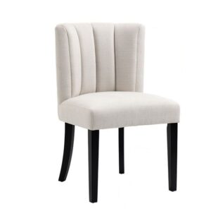 Modern white upholstered chair with dark wooden legs.