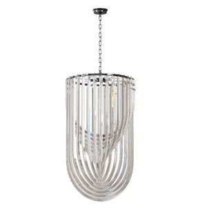 Modern crystal chandelier with curved design.