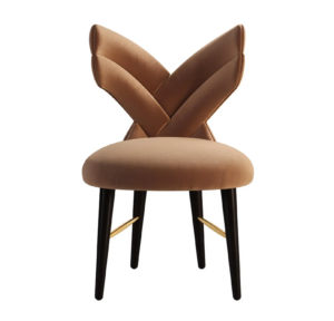 Elegant brown velvet chair with unique back design.