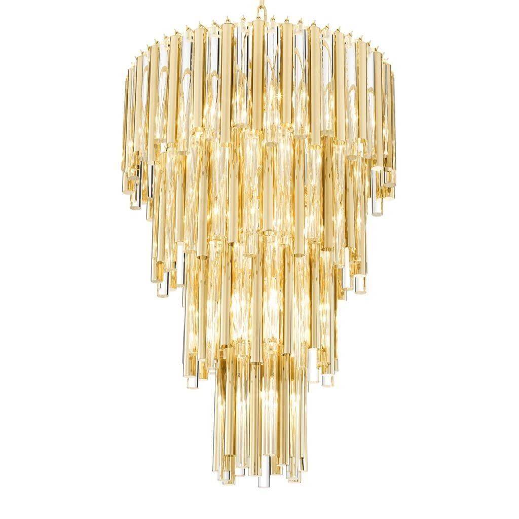 Elegant gold chandelier with cascading crystal design.