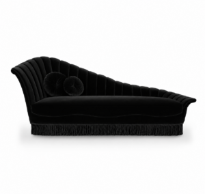 Sevilliana Black Velvet Fringe Right Chaise Sofa