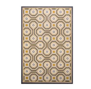Geometric hexagonal patterned carpet in yellow and grey.