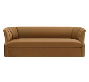 Brown two-seater sofa with curved backrest