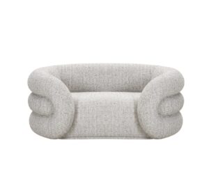 Modern grey boucle fabric sofa with unique design.