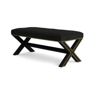 Black upholstered bench with gold accents