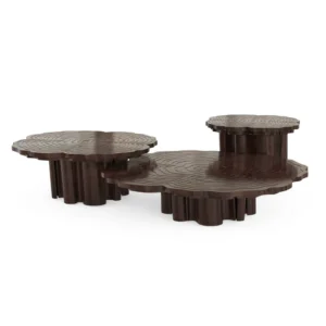 Wooden coffee tables with unique tree ring design.