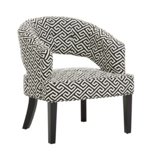 Modern chair with geometric pattern and dark wood legs.