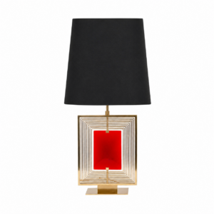 Gyroscope Red Glass Brass Table Lamp with White Shade