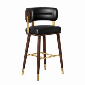 Grotto Black Leather Walnut Brass Counter Stool