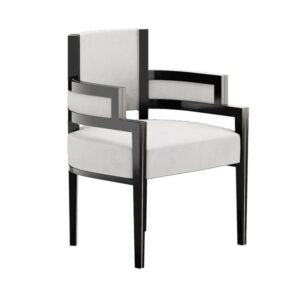 Modern white armchair with black wooden frame.