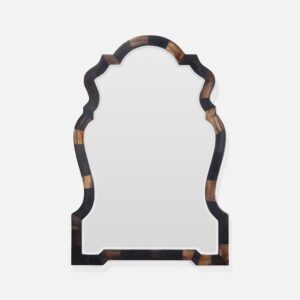 Decorative mirror with unique dark wood frame design.
