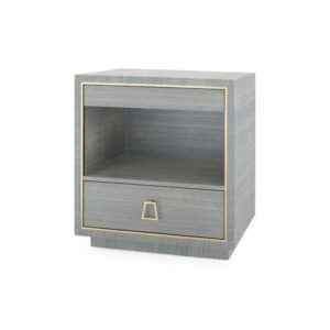 Grey wooden bedside table with gold accents.