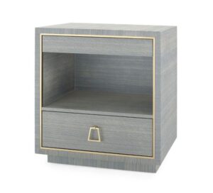 Grey wooden bedside table with gold accents.