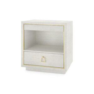 White nightstand with drawer and open shelf.