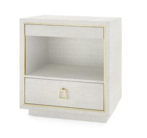 White nightstand with drawer and open shelf.
