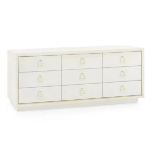 White dresser with nine drawers and gold handles.