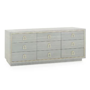 Elegant grey dresser with nine gold-handled drawers.